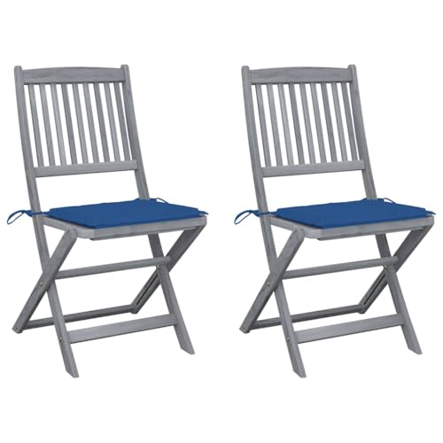 QJBSAVVA Klappbare Gartenstühle aus Massivholz Akazie mit Sitzpolstern 2er Set Grau & Königsblau 48.5 x 57 x 91 cm Wetterfest & Faltbar für Terrasse Balkon und Camping von QJBSAVVA