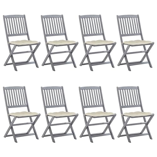 QJBSAVVA Klappbare Gartenstühle aus Massivholz Akazie mit Sitzpolstern Set aus 8 Stück Grau Cremeweiß Wetterfest und Robust für Terrasse Garten und Balkon von QJBSAVVA