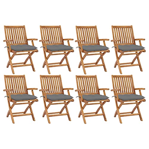 QJBSAVVA Klappbare Gartenstühle aus Teakholz mit Grauen Kissen 8er Set Wetterbeständig & Platzsparend für Balkon Garten und Camping 56 x 58 x 88 cm von QJBSAVVA