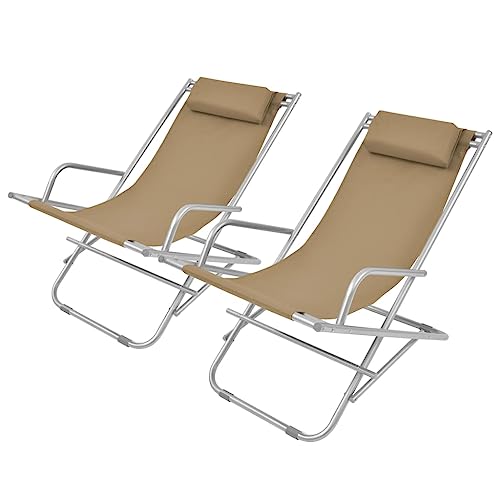 QJBSAVVA Klappbare Liegestühle 2er Set Taupe Pulverbeschichteter Stahlrahmen mit Gepolsterter Kopfstütze 69 x 61 x 94 cm Wetterfeste Gartenliege für Strand Balkon und Camping von QJBSAVVA
