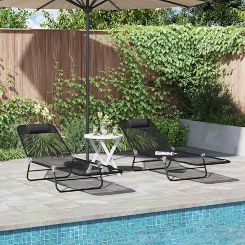 QJBSAVVA Klappbare Sonnenliege Schwarz 2er Set Modernes Design mit Kopfstütze Robustes Pulverbeschichtetes Stahlgestell und Textilene für Garten Pool und Strand von QJBSAVVA