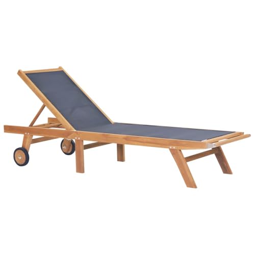 QJBSAVVA Klappbare Sonnenliege aus Massivholz Teak mit Textilene Bezug 206 x 60 x 35 cm Verstellbare Rückenlehne 5 Stufen Faltbar mit Rädern für Garten Pool und Terrasse von QJBSAVVA