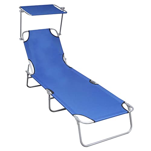 QJBSAVVA Klappbare Sonnenliege mit Verstellbarem Sonnendach 188.5 x 57.5 x 27 cm Blau Pulverbeschichtetes Aluminium & 600D Polyester Max 120 kg Tragfähigkeit für Garten Pool Strand und Camping von QJBSAVVA