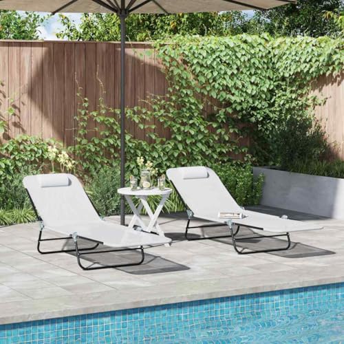 QJBSAVVA Klappbare Sonnenliegen 2 Stück mit Kopfstütze Creme Textilene Modernes Design für Garten Balkon und Strand Robustes Metallgestell Bis 100 kg von QJBSAVVA