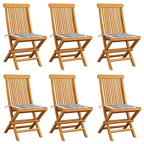 QJBSAVVA Klappbarer Gartenstuhl aus massivem Teakholz mit grauem Karomuster Kissen 47 x 60 x 89 cm Leicht & Wetterfest für Balkon Garten und Camping von QJBSAVVA