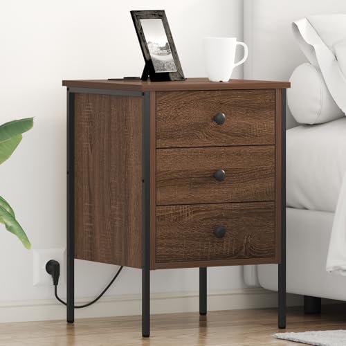 QJBSAVVA Klassischer Nachttisch aus Holzwerkstoff in Brauner Eiche mit Schubladen & Ladestation, 42 x 41 x 61 cm, 2er Set – Vintage Design für Schlafzimmer & Wohnzimmer von QJBSAVVA