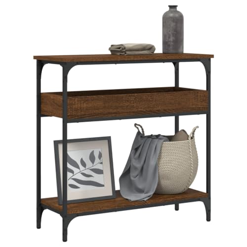 QJBSAVVA Konsolentisch Braun Eichen Optik 75x29x75cm Moderner Sofatisch mit Metallrahmen und verstellbaren Beinen Stilvoll für Flur Wohnzimmer oder Eingangsbereich von QJBSAVVA