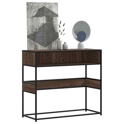 QJBSAVVA Konsolentisch Braun Eichen Optik 90x35x80 cm Stabiles Metallgestell mit Industriellem Design Robust & Langlebig für Wohnzimmer Schlafzimmer und Flur von QJBSAVVA