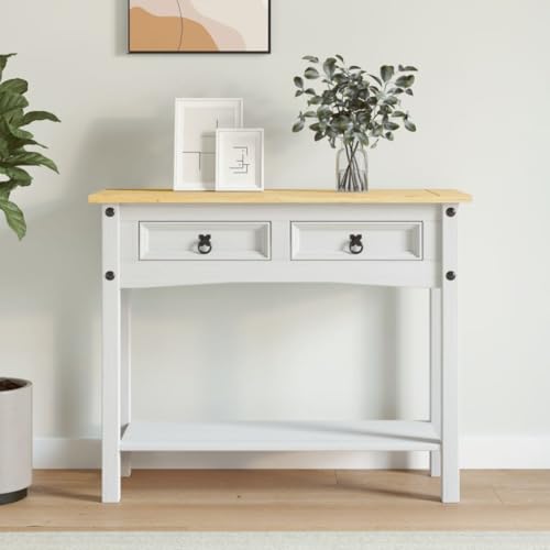 QJBSAVVA Konsolentisch Mexiko Stil aus Kiefernholz Weiß mit brauner Oberplatte 90 x 34 5 x 73 cm Rustikaler Beistelltisch mit 2 Schubladen und Regal für Wohnzimmer Flur oder Balkon QJBSAVVA Konsolentisch Mexiko Stil aus Kiefernholz Weiß mit brauner Oberplatte 90 x 34 5 x 73 cm Rustikaler Beistelltisch mit 2 Schubladen und Regal für Wohnzimmer Flur oder Balkon von QJBSAVVA
