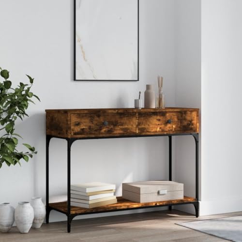 QJBSAVVA Konsolentisch Räuchereiche 100x34 5x75 cm Stilvoller Flurtisch mit Schubladen und Metallgestell Robuster Beistelltisch für Wohnzimmer Flur und Eingangsbereich von QJBSAVVA
