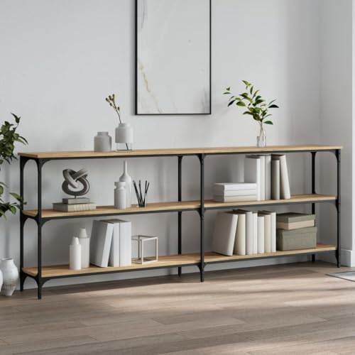 QJBSAVVA Konsolentisch Sonoma Eiche 200x29x75 cm Holzwerkstoff Metall Beistelltisch mit Stauraum und verstellbaren Beinen Elegantes Design für Flur Wohnzimmer oder Eingangsbereich von QJBSAVVA