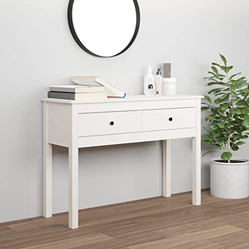 QJBSAVVA Konsolentisch Weiß aus Massivholz Kiefer 100x35x75 cm Klassischer Beistelltisch mit 2 Schubladen Stabile Tischplatte & Rustikale Optik Vielseitig für Wohnzimmer Flur und Schlafzimmer von QJBSAVVA