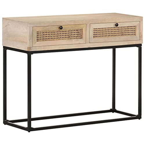 QJBSAVVA Konsolentisch aus massivem Mangoholz mit Wiener Geflecht 100 x 35 x 76 cm Robuster Flurtisch mit Stauraum und rustikalem Design für Flur Wohnzimmer und Balkon von QJBSAVVA