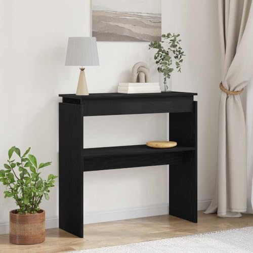QJBSAVVA Konsolentisch aus massiver Eiche Schwarz 80 x 30 x 80 cm Moderner Beistelltisch mit Regal Schlankes Design für Wohnzimmer Flur oder Eingangsbereich von QJBSAVVA