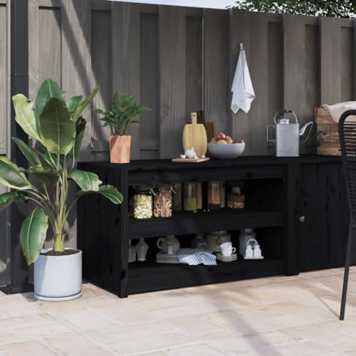 QJBSAVVA Küchenschrank aus massiver Kiefer Outdoor-Küchenschrank Schwarz 106x55x64 cm Rustikaler Gartenschrank mit viel Stauraum für Geschirr und Küchenutensilien Modulares Design für Garten von QJBSAVVA