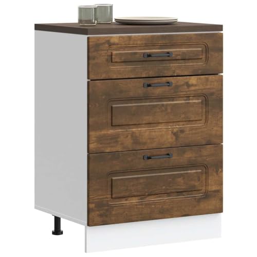 QJBSAVVA Küchenunterschrank Kalmar Räuchereiche Holzwerkstoff 60 x 46 x 81,5 cm Moderner Unterschrank mit Verstellbaren Füßen und Praktischen Türen für Küchengeräte und Geschirr von QJBSAVVA
