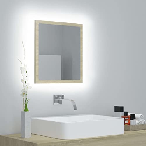 QJBSAVVA LED Badspiegel Sonoma Eiche 40 x 37 cm Moderner RGB Beleuchteter Wandspiegel aus Acryl und Holzwerkstoff mit USB Anschluss für Badezimmer Schlafzimmer Flur von QJBSAVVA