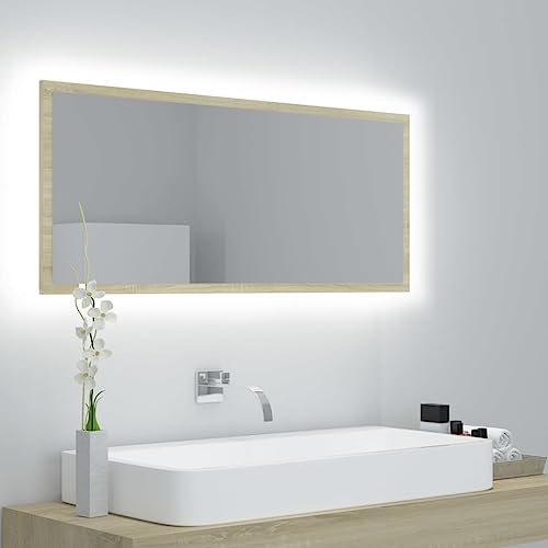 QJBSAVVA LED Badspiegel mit RGB Beleuchtung Moderner Wandspiegel aus Acryl und Holzwerkstoff 100 x 8 5 x 37 cm Sonoma Eiche Stilvolles Badezimmermöbel mit Mehrfarbenlicht von QJBSAVVA