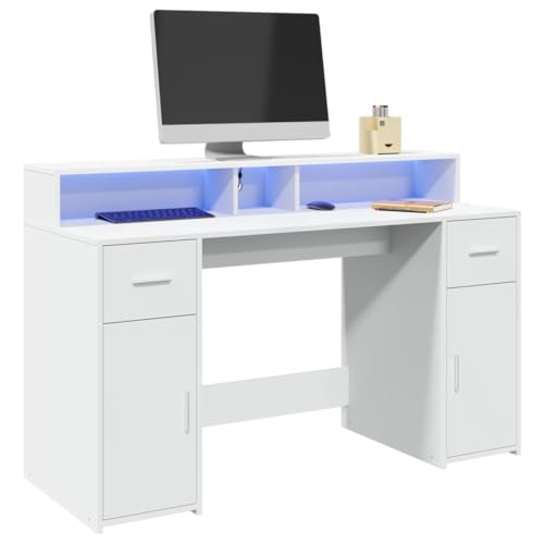 QJBSAVVA LED-Schreibtisch Weiß 140x55x91 cm mit RGB-Beleuchtung und Stauraum Robuster Holzwerkstoff für Homeoffice Gaming und Büro von QJBSAVVA
