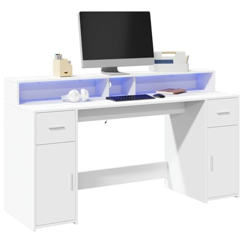 QJBSAVVA LED-Schreibtisch Weiß 160x55x91 cm aus Holzwerkstoff mit RGB-Beleuchtung USB-Anschluss und Stauraum für Homeoffice Gamingzimmer und Büro von QJBSAVVA