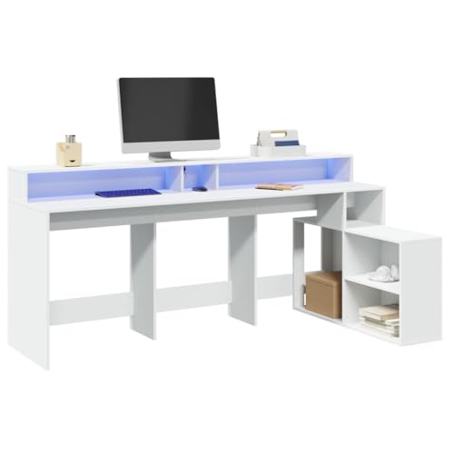 QJBSAVVA LED Schreibtisch Weiß 200x104x91 cm aus Holzwerkstoff mit RGB Beleuchtung und großzügigem Stauraum für Homeoffice und Gaming Bereich von QJBSAVVA