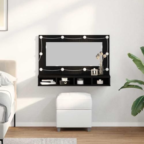 QJBSAVVA LED Spiegelschrank Schwarz Eiche 90x31,5x62 cm Waschtisch mit Hollywood Beleuchtung und 3 schwebenden Regalen Moderner Badezimmerschrank für kleine Räume von QJBSAVVA