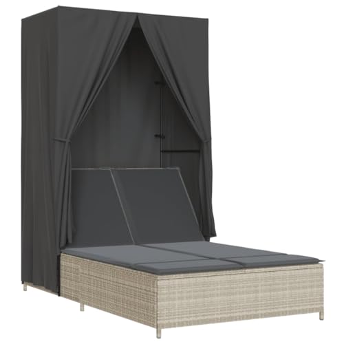 QJBSAVVA Liegestühle Gartenstühle Relax Gartenstuhl Outdoor Liege - Doppel-Sonnenliege mit Dach und Vorhängen Hellgrau Poly Rattan für Patio Outdoor Strand Balkon von QJBSAVVA