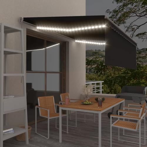 QJBSAVVA Markise Einziehbar 4x3 m Anthrazit mit Rollo & Solar LED Beleuchtung Robuster Aluminiumrahmen UV Wasserbeständig für Terrasse Balkon Garten von QJBSAVVA