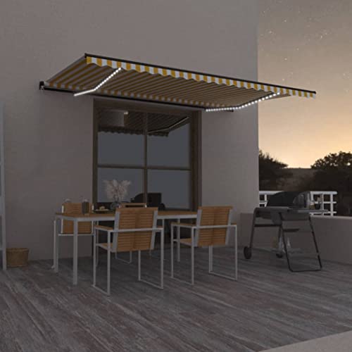 QJBSAVVA Markise Einziehbar 500x350 cm mit LED Beleuchtung Anthrazit Rahmen Gelb Weiß Polyester UV Schutz Wasserdicht für Terrasse Balkon und Garten von QJBSAVVA