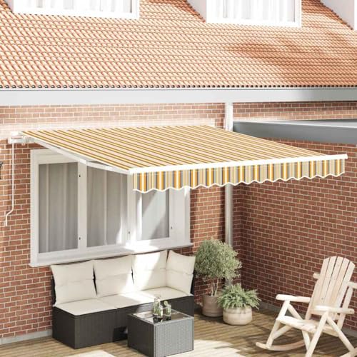 QJBSAVVA Markise Gelb Gestreift 350 x 250 cm Manuell Ausziehbar mit UV-Schutz und Wasserdicht Polyestergewebe für Balkon Terrasse und Garten von QJBSAVVA