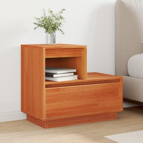 QJBSAVVA Moderner Nachttisch aus Kiefer Massivholz in Wachsbraun mit Schubladen, Schmaler Nachtschrank für Schlafzimmer, Kommode mit minimalistischem Design von QJBSAVVA