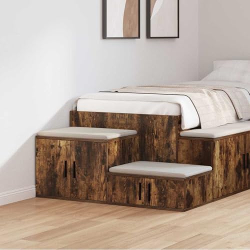 QJBSAVVA Moderner Nachttisch aus massivem Holz in Braun mit 2 Schubladen, geräucherter Eiche-Oberfläche & schmalem Design für Schlafzimmer von QJBSAVVA