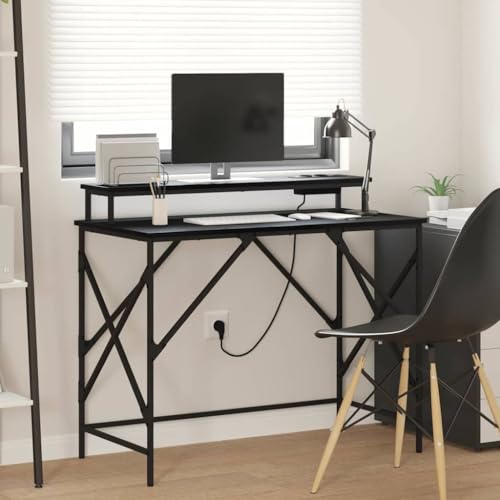 QJBSAVVA Moderner Schreibtisch mit LED-Beleuchtung und Stauraum 100 x 50 x 86.5 cm Schwarze Eiche Holzwerkstoff Büroarbeitsplatz für Homeoffice und Studium von QJBSAVVA