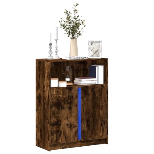 QJBSAVVA Modernes LED-Sideboard Räuchereiche 77x34x100 cm mit RGB-Beleuchtung, Holzwerkstoff & Glas, Stauraum & Präsentationsfläche für Wohnzimmer, Flur oder Esszimmer von QJBSAVVA