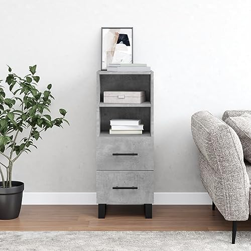 QJBSAVVA Modernes Sideboard Betongrau aus Holzwerkstoff mit Metallbeinen, 34,5x34x90 cm, 2 Schubladen & 2 Fächer für Wohnzimmer, Küche oder Flur von QJBSAVVA
