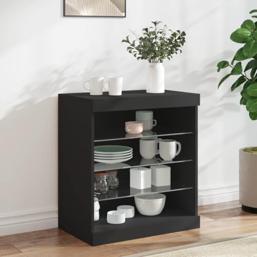 QJBSAVVA Modernes Sideboard mit RGB-LED-Beleuchtung, Holzwerkstoff & Glas, Schwarz 60,5x37x67 cm, Stauraum & Wandhalterung für Wohnzimmer, Küche oder Flur von QJBSAVVA