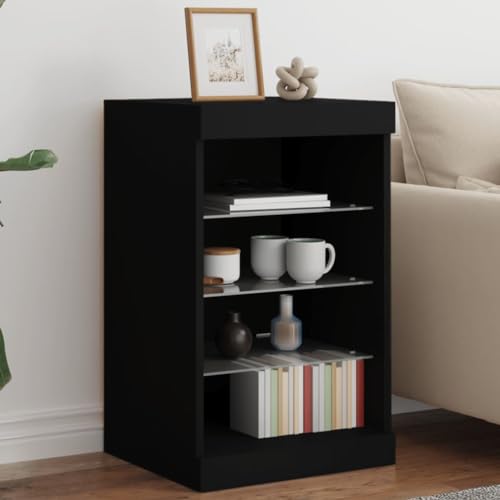 QJBSAVVA Modernes Sideboard mit RGB-LED-Beleuchtung aus Holzwerkstoff & Glas in Schwarz | 41x37x67 cm | Stauraum & Präsentationsfläche für Wohnzimmer, Küche & Flur von QJBSAVVA