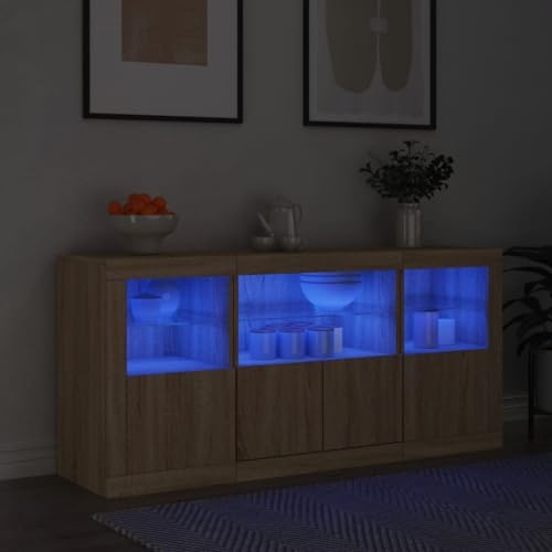 QJBSAVVA Modernes Sideboard mit RGB-LED-Beleuchtung in Sonoma-Eiche aus Holzwerkstoff und Glas, 142.5x37x67 cm, viel Stauraum für Wohnzimmer, Flur oder Küche von QJBSAVVA