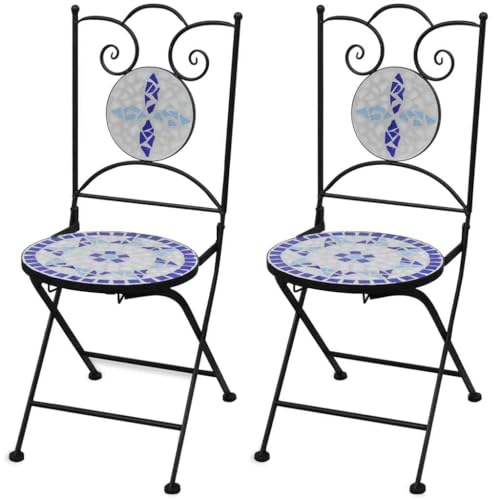 QJBSAVVA Mosaik Gartenstühle Set 2 Stück Klappbar Blau Weiß Keramik Sitzfläche Pulverbeschichteter Eisenrahmen Robust & Langlebig für Balkon Terrasse und Garten von QJBSAVVA