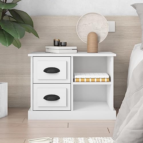 QJBSAVVA Nachttisch Modern mit 2 Schubladen & 2 Fächern aus Holzwerkstoff Weiß 60x35,5x45 cm - Stauraum & Stabile Tischplatte für Schlafzimmer & Wohnzimmer von QJBSAVVA