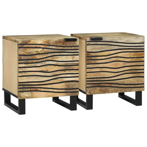 QJBSAVVA Nachttisch Set aus massivem Mangoholz, 2er Set, Beige, Modernes Design mit Schublade & robusten Eisenbeinen, perfekt für Schlafzimmer von QJBSAVVA