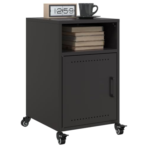 QJBSAVVA Nachttisch aus kaltgewalztem Stahl Schwarz Modernes Design mit 2 Fächern und Rollen für Schlafzimmer und Wohnzimmer von QJBSAVVA