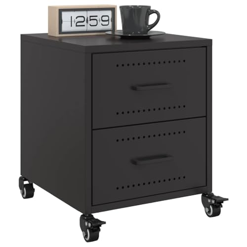 QJBSAVVA Nachttisch aus kaltgewalztem Stahl Schwarz Modernes Design mit 2 Schubladen und Rollen Praktischer Stauraum für Schlafzimmer und Wohnzimmer von QJBSAVVA