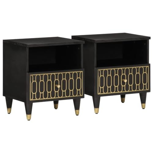 QJBSAVVA Nachttisch aus massivem Mangoholz mit schwarzem Finish, 2 Stück Set, handgeschnitztes Blumenmuster, Stabiler Eisenbeine, 40x33x46 cm, Retro-Stil für Schlafzimmer und Wohnzimmer von QJBSAVVA