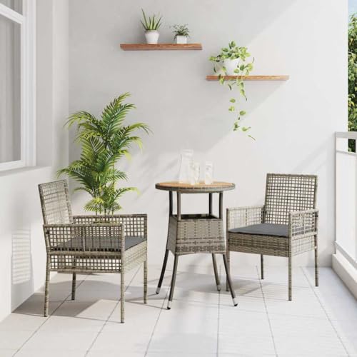 QJBSAVVA Outdoor Esstisch und 2 Stühle Set Grau Rundes Gartentisch Set aus Synthetischem Rattan mit Polster Wetterfest für Balkon Terrasse oder Garten von QJBSAVVA
