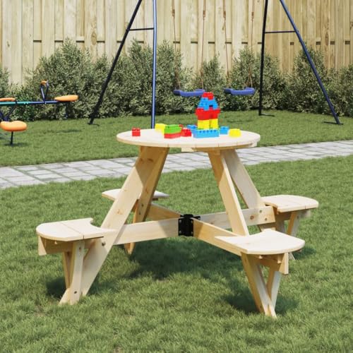 QJBSAVVA Picknicktisch für Kinder aus massivem Tannenholz 120 x 57 cm Rundtisch mit 4 integrierten Bänken Schirmloch für Sonnenschirm Outdoor Garten Camping von QJBSAVVA