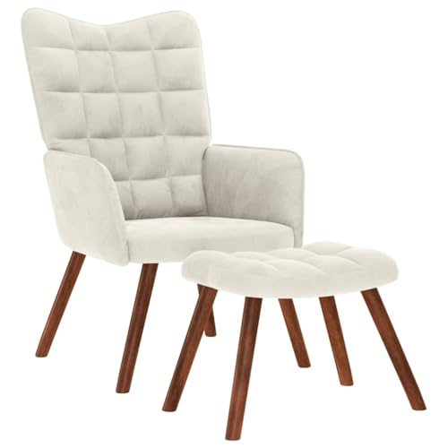 QJBSAVVA Relaxsessel mit Hocker Creme Samt Bequemer Loungesessel für Wohnzimmer Schlafzimmer und Balkon 61.5 x 69 x 95.5 cm Weicher Veloursstoff mit Metallgestell von QJBSAVVA