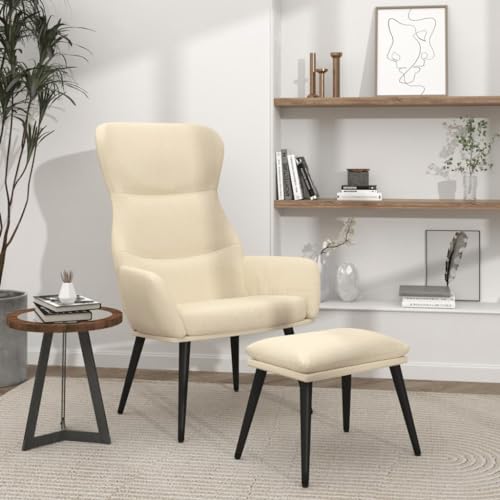 QJBSAVVA Relaxsessel mit Hocker Creme Stoff Bequemer Wohnzimmersessel mit Metallgestell und Schaumstofffüllung 70 x 77 x 94 cm für Wohnzimmer Schlafzimmer und Balkon von QJBSAVVA
