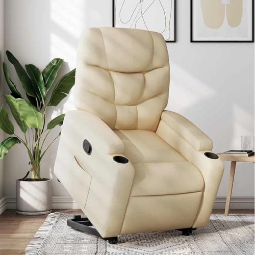 QJBSAVVA Relaxsessel mit elektrischer Aufstehhilfe Creme Stoff Manuelle Liegefunktion bis 135° Bequemer Wohnzimmersessel mit Getränkehaltern für Living Room Schlafzimmer und Balkon von QJBSAVVA