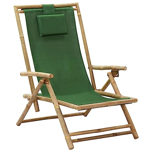 QJBSAVVA Relaxstuhl Verstellbar aus Bambus und Stoff Gartenstuhl Klappstuhl mit 4-Positionen Rückenlehne für Balkon Camping Strand 64 x 89 cm Grün von QJBSAVVA
